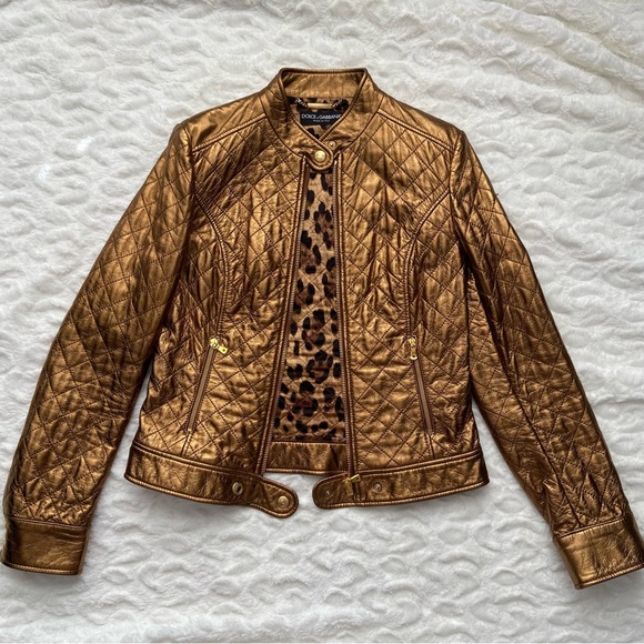 Dolce & Gabbana Bronze Gold Metallic Real Leather Moto Jacket Size 44 - Picture 1 of 16